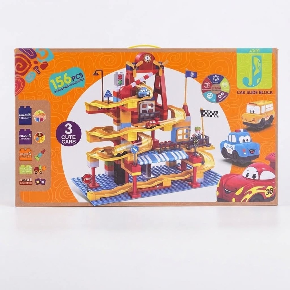 Jixin 156 Pc Car Slide Building Block Track Set Large Bricks 3 Mini Cars OpenBox